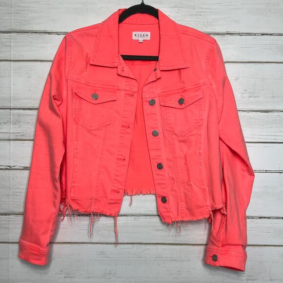 Risen Coral Stretch Denim Jean Jacket Size Large - Picture 10 of 11